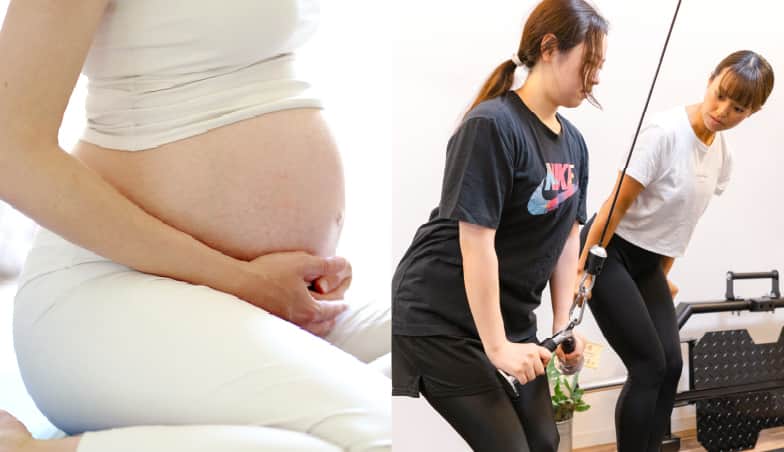 妊婦とトレーニングを受ける女性